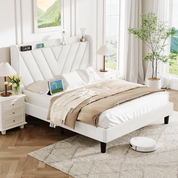 ANDYYOUTING Queen Bed Frame w/Wingback Headboard, Type-C&USB Ports, Storage, Solid Wood Slats, No Box Spring, White