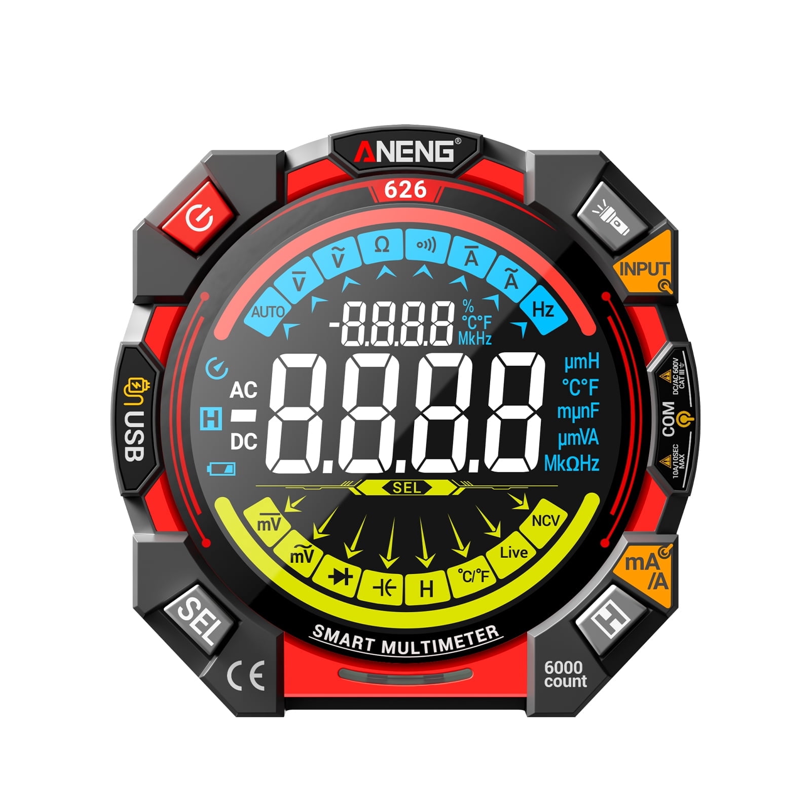 ANENG Smart Digital Multimeter 626 6000 Counts, AC/DC Voltage/Current, Resistance, Capacitance, Temperature, NCV Tester 1 Pack