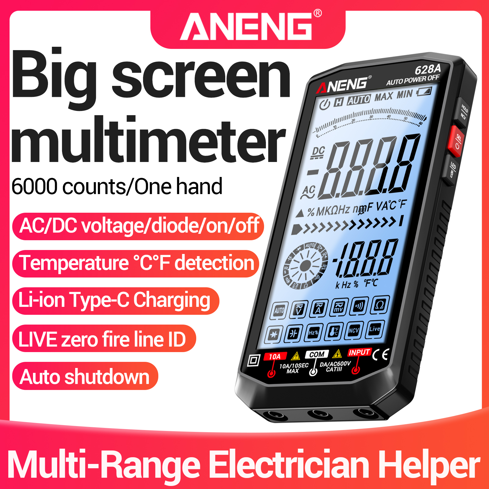 ANENG Digital Multimeter 628A 4.5" Large Backlit Screen