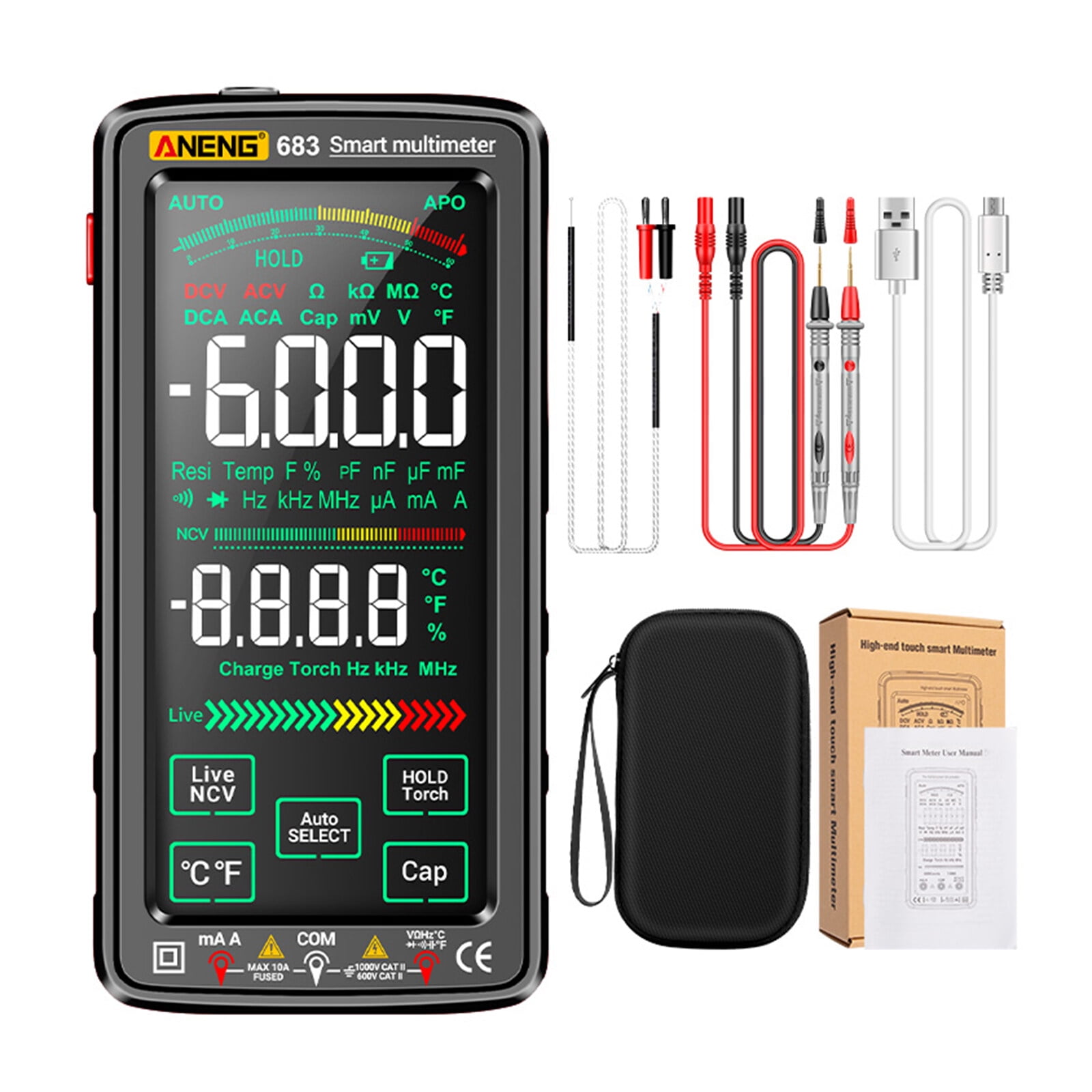 ANENG 683 6000 Counts Large Touch Screen Digital Multimeter Smart Anti-burn Rechargeable Universal Meter VA Reverse Display NCV Tester with Flashlight for Voltage Current Resistance Capacitance
