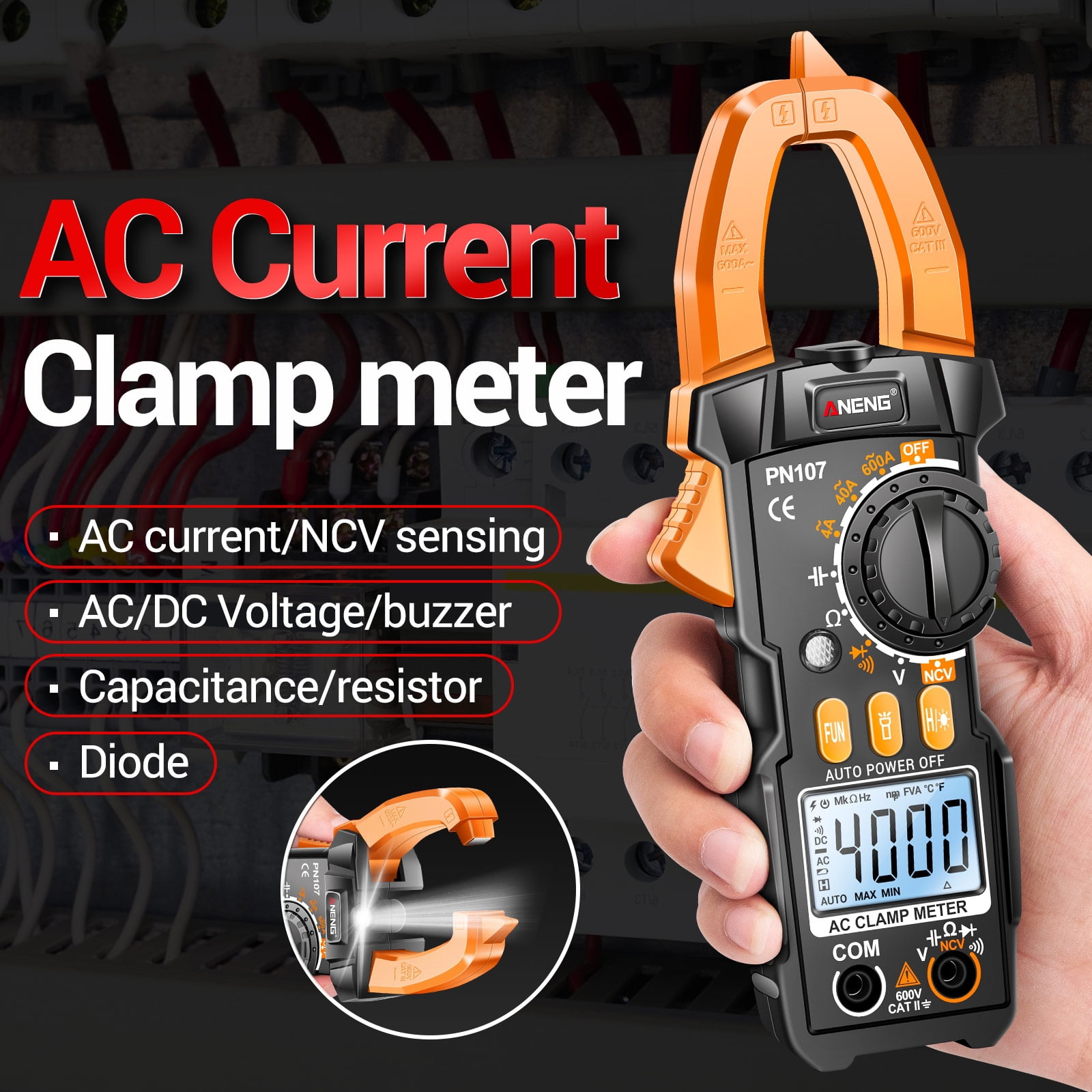 ANENG Clamp Meter CAT II 600V AC Voltage Multimeter Tester, Measures AC