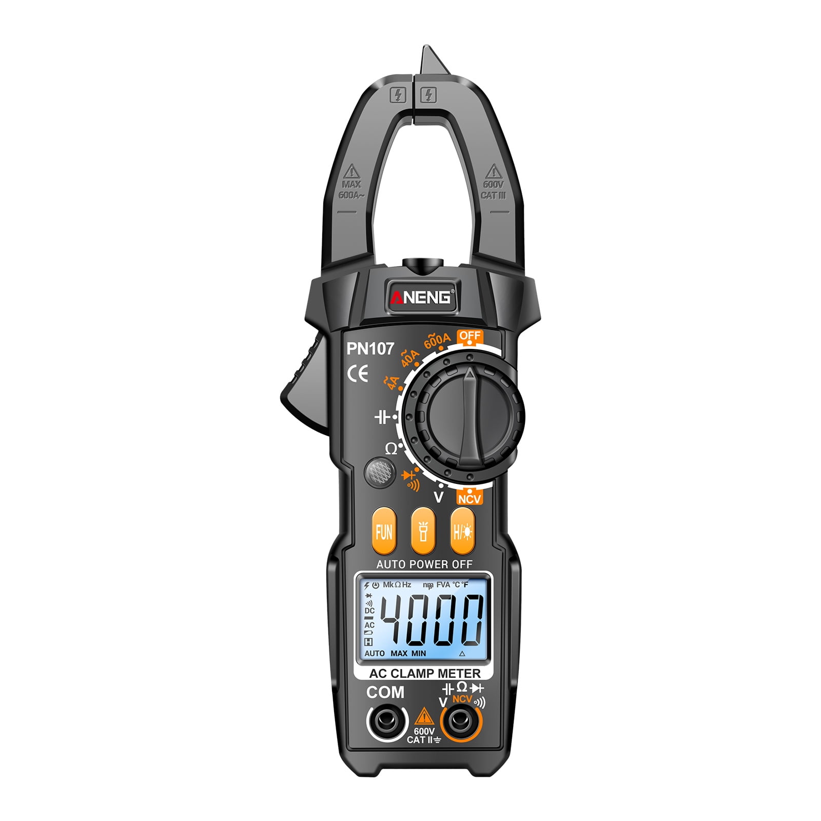 ANENG PN107 Digital Clamp Meter CAT II 600V AC Voltage Multimeter Tester 4000 Counts Amp Voltage Tester Measures AC/DC Current AC Voltage Resistance Capacitor Diodes