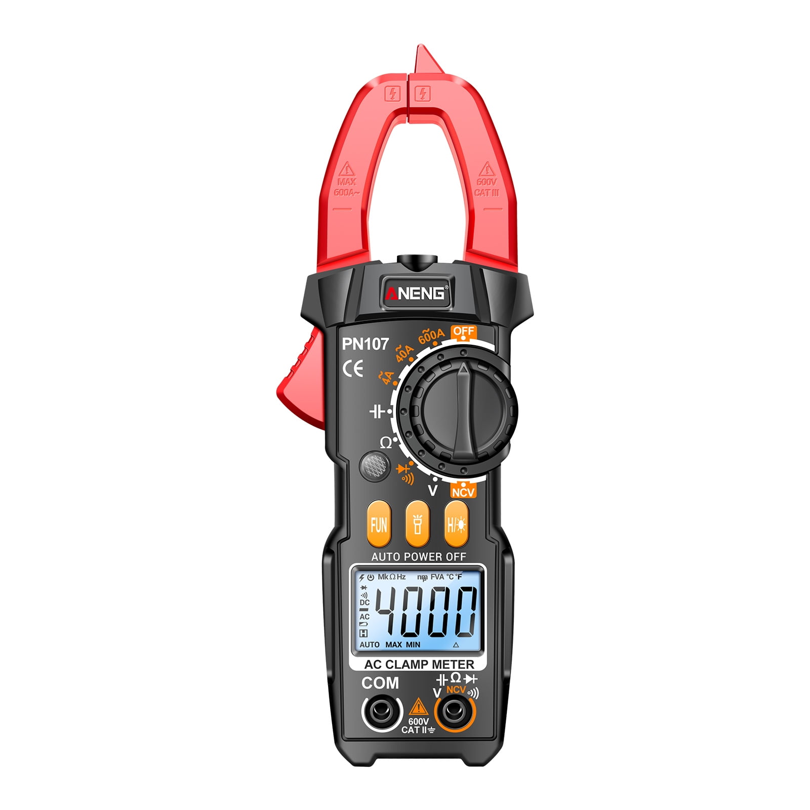 ANENG PN107 Digital Clamp Meter CAT II 600V AC Voltage Multimeter Tester 4000 Counts Amp Voltage Tester Measures AC/DC Current AC Voltage Resistance Capacitor Diodes