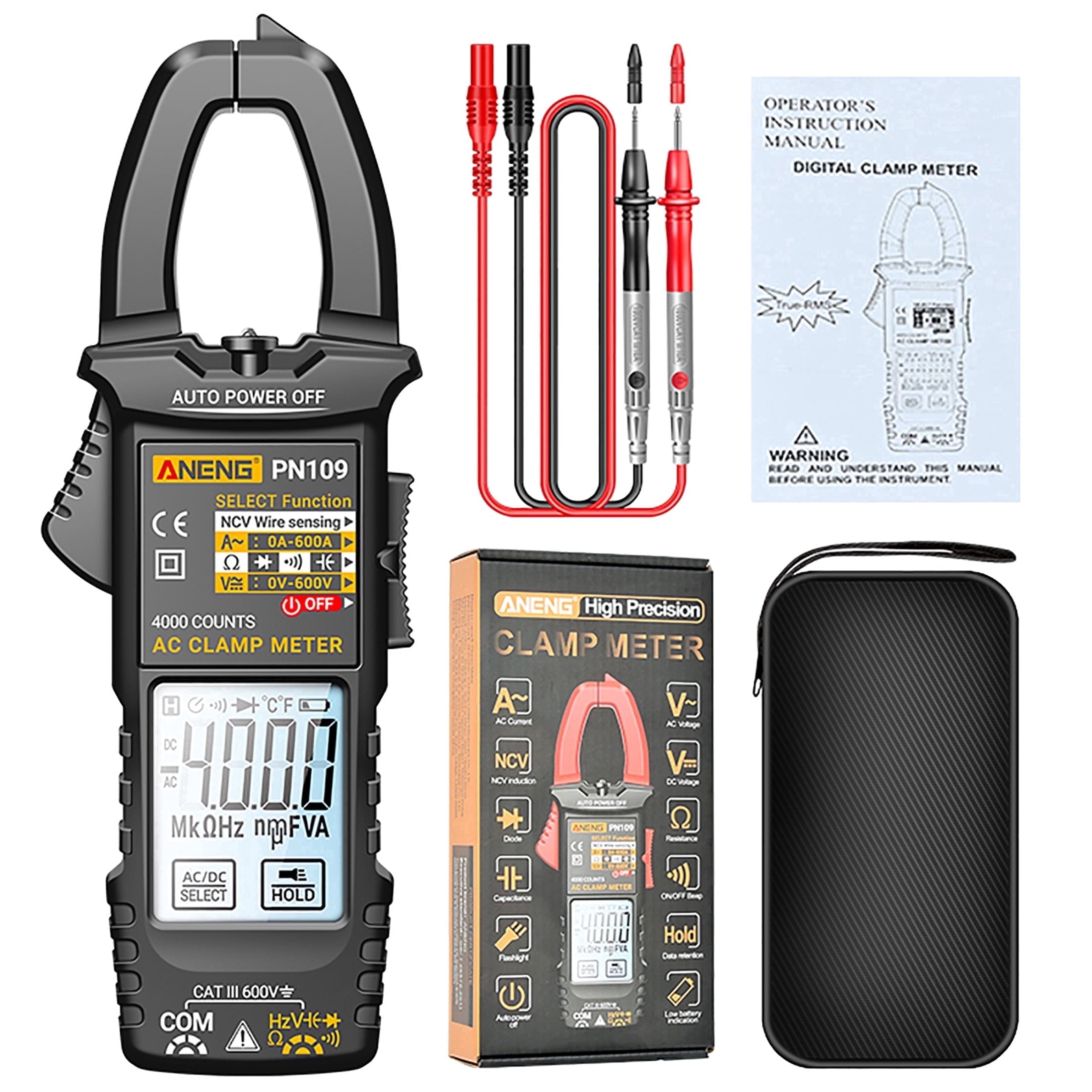 ANENG Smart Touch Clamp Meter Digital Multimeter PN109 600A AC Current 600V AC/DC Voltage NCV Detection 4000 Counts Auto-Off