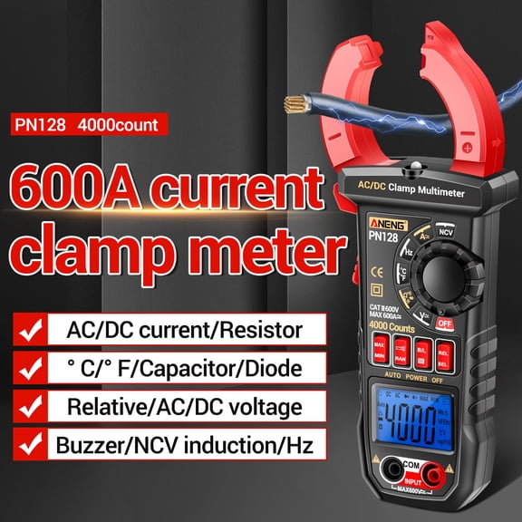 ANENG PN128 Digital Clamp Meter 4000 Counts 600A AC/DC True RMS Multimeter for Voltage Current Resistance Hz Temperature Test (Red, 8.24 inches / 20.9 cm)