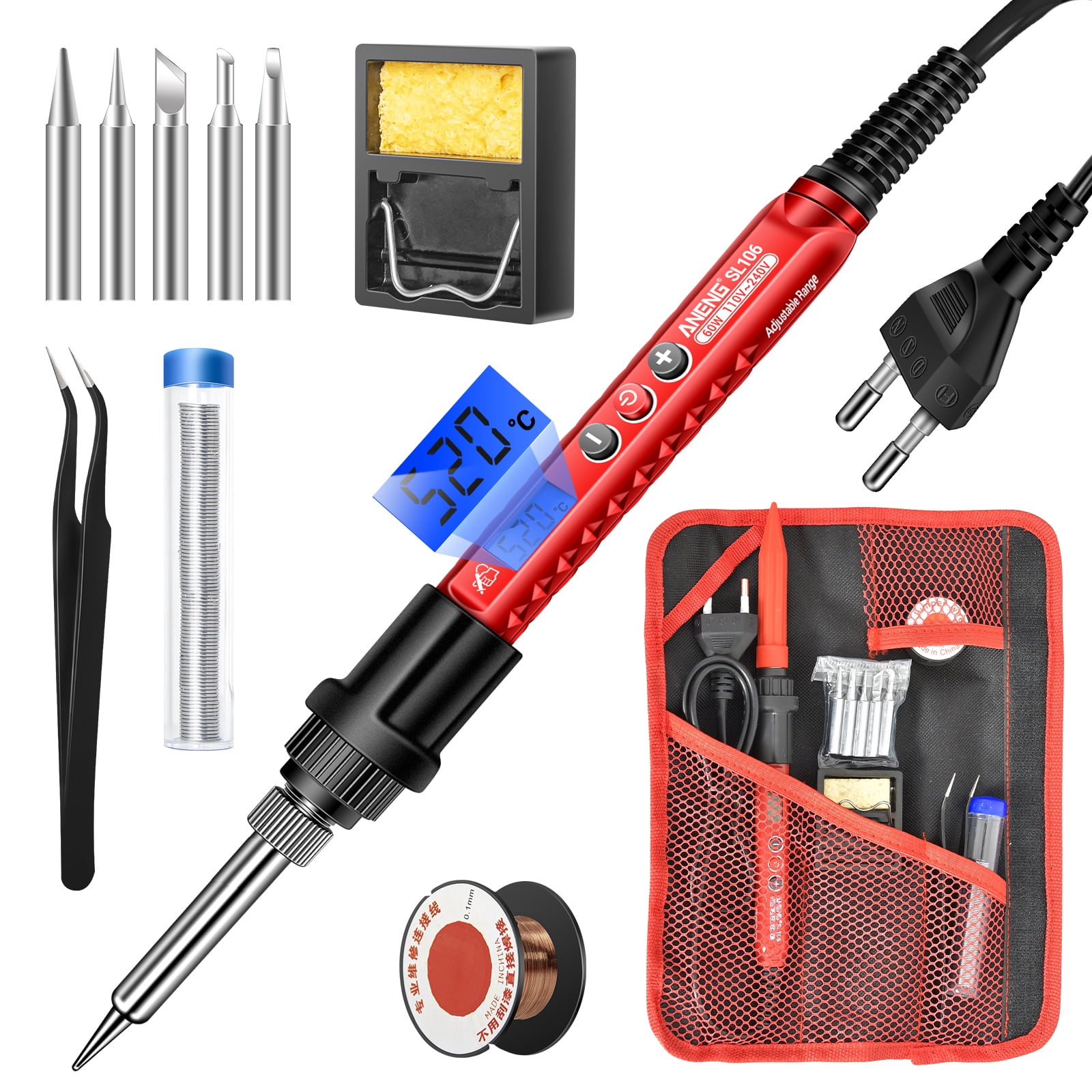 ANENG Soldering Iron Kit,LCD Digital 60w Adjustable Temperature Soldering Gun Welding Tools,Portable Soldering Kit 12-in-1 with 5 Tips,Solder Wire Tube,Stand,Sponge,Tweezers for Meatl,Electric,DIY