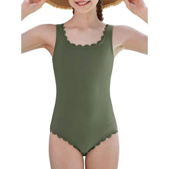 ANFERRY Girls One Piece Swimsuits Removable Pads Adjustable Strap Swimwear Scalloped Ribbed Teen Bathing Suit 7-16 Years