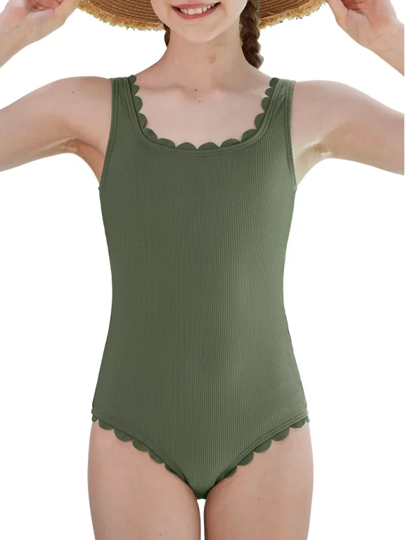 Girls One Piece Swimsuits Removable Pads Adjustable Strap Swimwear Scalloped Ribbed Teen Bathing Suit 7-16 Years