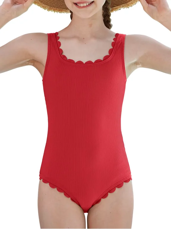 Girls One Piece Swimsuits Removable Pads Adjustable Strap Swimwear Scalloped Ribbed Teen Bathing Suit 7-16 Years