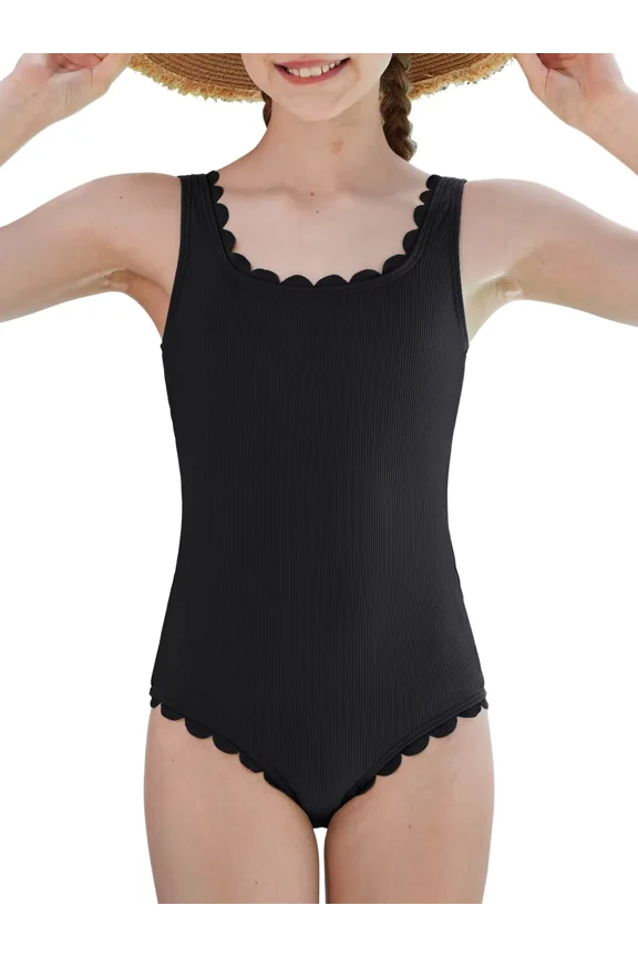 Girls One Piece Swimsuits Removable Pads Adjustable Strap Swimwear Scalloped Ribbed Teen Bathing Suit 7-16 Years