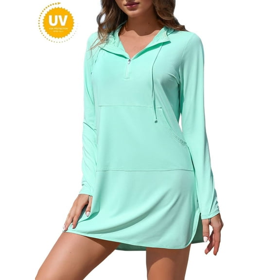 ANFERRY Hooded Rash Guards for Women Long Sleeve Full Zip UV Protection Jacket with Pockets Outdoor Running Hiking Swimming Sun Shirts