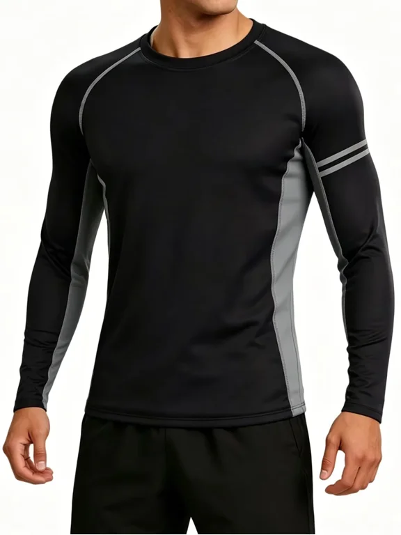 Men Swim Shirts Quick Dry UPF50+ Sun Protection Athletic Rash Guards Long Sleeve Color Block Swimwear
