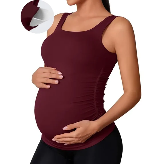 ANFERRY Maternity Tank Top Women Seamless Side Ruching Pregnancy Basic Shirts with Built in Bras