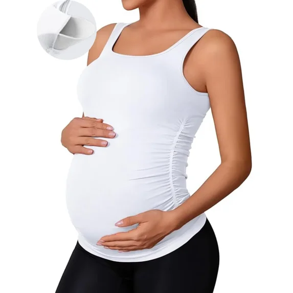 ANFERRY Maternity Tank Top Women Seamless Side Ruching Pregnancy Basic Shirts with Built in Bras