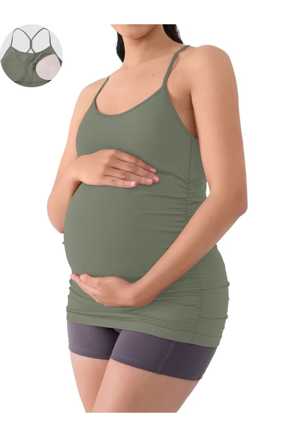 Maternity Tank Tops for Women Seamless Side Ruched Camisoles with Built in Bra Scoop Neck Y Back Pregnancy Basic Shirt