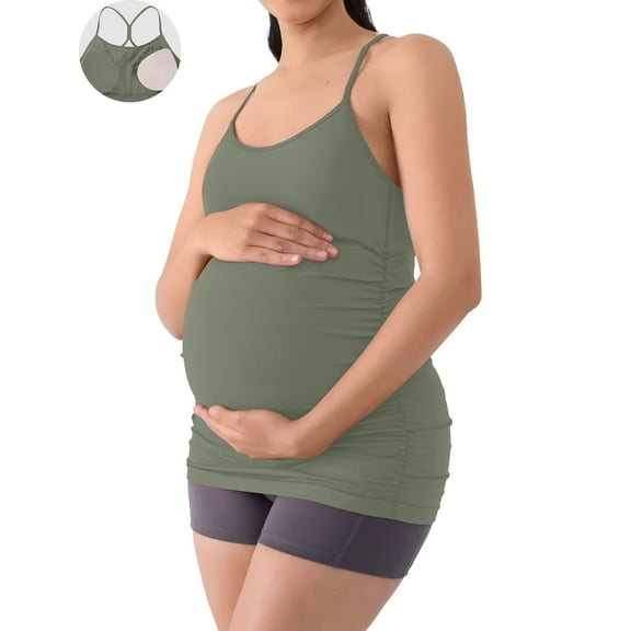 ANFERRY Maternity Tank Tops for Women Seamless Side Ruched Camisoles with Built in Bra Scoop Neck Y Back Pregnancy Basic Shirt