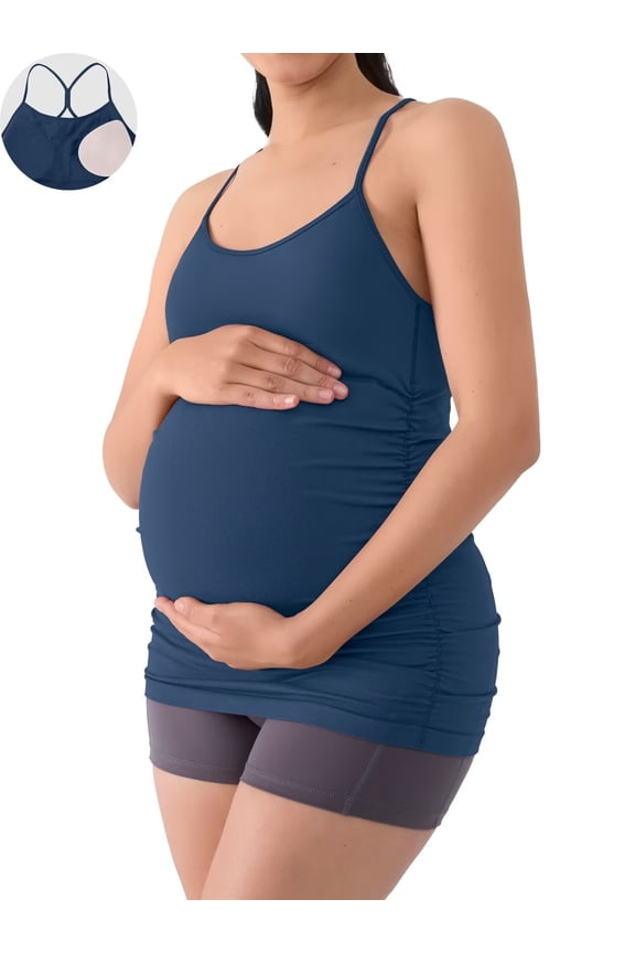 Maternity Tank Tops for Women Seamless Side Ruched Camisoles with Built in Bra Scoop Neck Y Back Pregnancy Basic Shirt