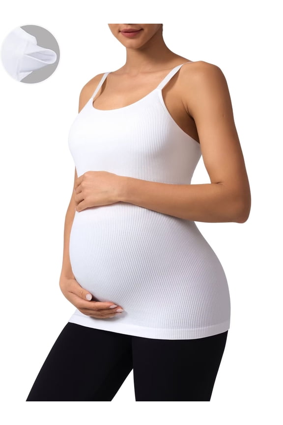 Maternity Tank Tops with Built in Bra Women Seamless Ribbed Camisole Scoop Neck Adjustable Straps Pregnancy Workout Top