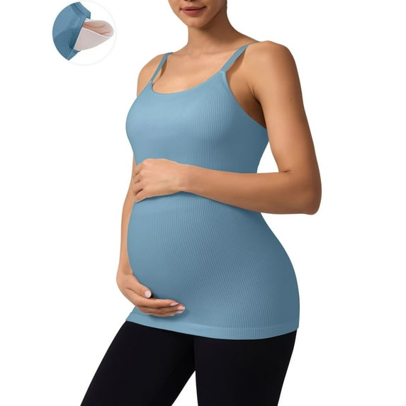 ANFERRY Maternity Tank Tops with Built in Bra Women Seamless Ribbed Camisole Scoop Neck Adjustable Straps Pregnancy Workout Top