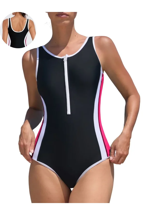 One Piece Athletic Swimsuit Women Slimming Color Block Bathing Suit Zipper Front U Back Training Swimwear for Women