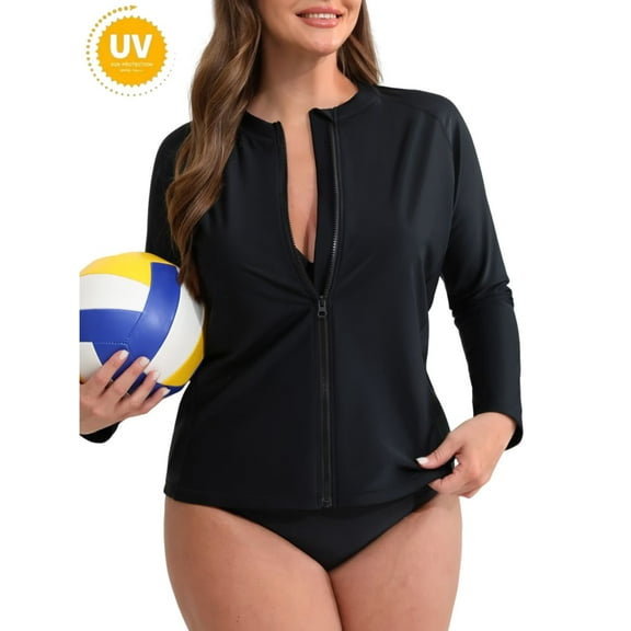 ANFERRY Plus Size Rash Guards for Women Long Sleeve Full Zip Swim Top Solid Sun Protection Swimsuit