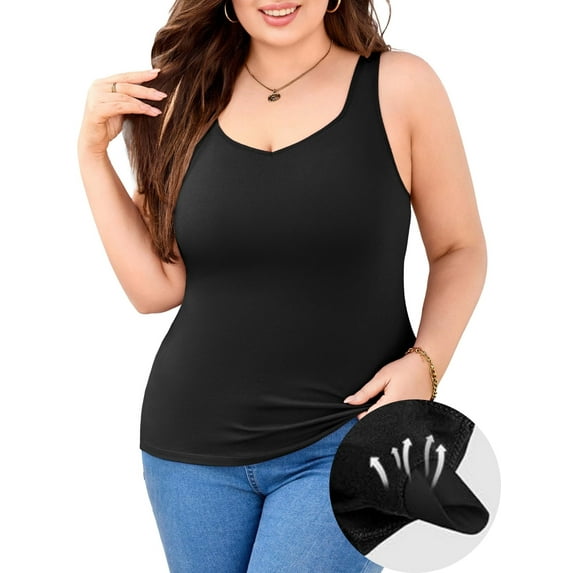 Plus Size Tank Tops for Women Removable Built in Bra Camisole Cotton V Neck Adjustable Straps Cami Shirts