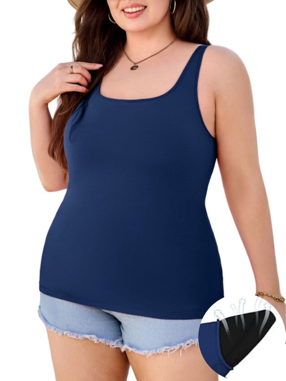 Plus Size Tank Tops for Women Removable Built in Bra Camisoles Square Neck Adjustable Straps Vest