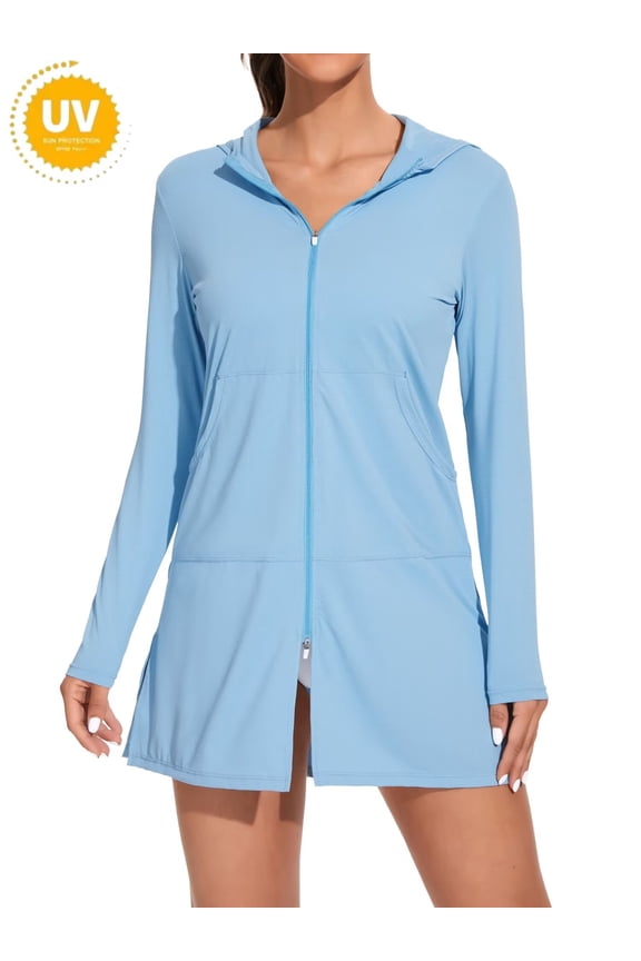 Rash Guards for Women Hooded Two-Way Full Zipper Sun Protection Jacket with Pockets Outdoor Running Hiking UPF 50+ Top