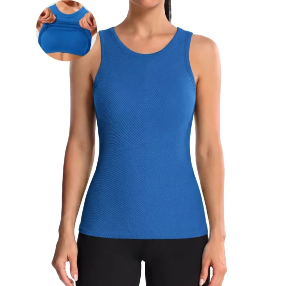ANFERRY Ribbed Workout Tank Tops for Women Seamless Full Length Athletic Camisole with Built in Bra
