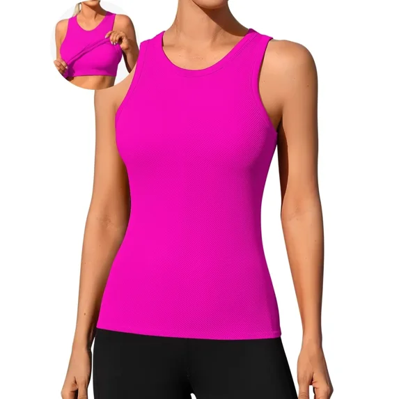 ANFERRY Ribbed Workout Tank Tops for Women Seamless Full Length Athletic Camisole with Built in Bra