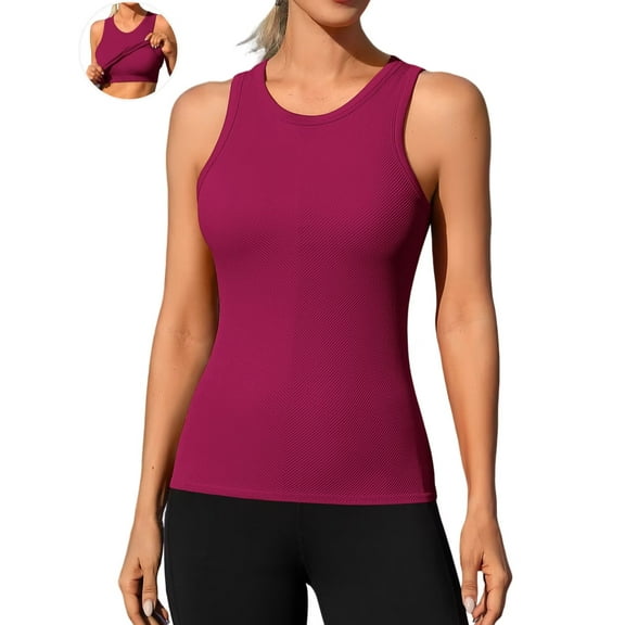 ANFERRY Ribbed Workout Tank Tops for Women Seamless Full Length Athletic Camisole with Built in Bra