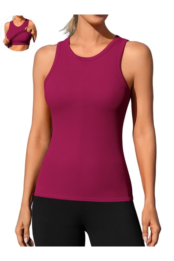 Ribbed Workout Tank Tops for Women Seamless Full Length Athletic Camisole with Built in Bra