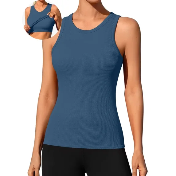 ANFERRY Ribbed Workout Tank Tops for Women Seamless Full Length Athletic Camisole with Built in Bra