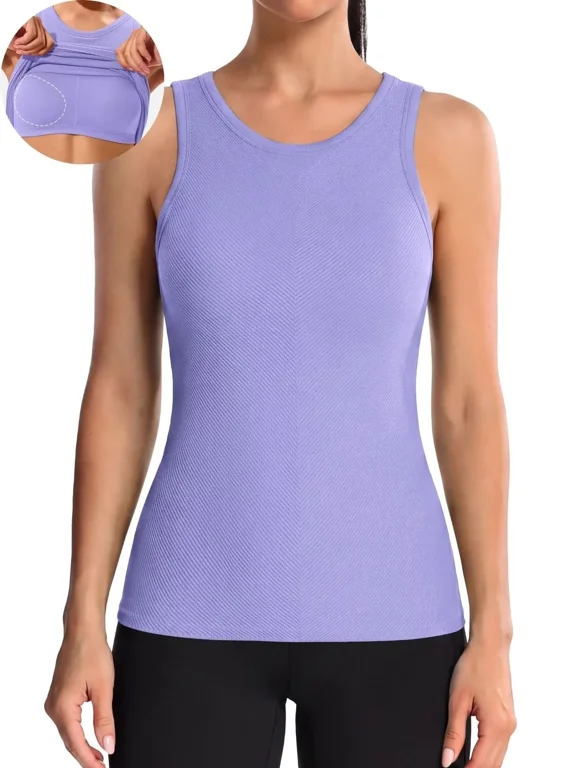 Ribbed Workout Tank Tops for Women Seamless Full Length Athletic Camisole with Built in Bra