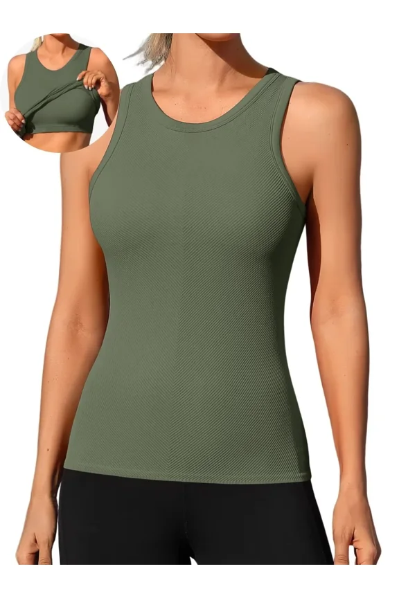 Ribbed Workout Tank Tops for Women Seamless Full Length Athletic Camisole with Built in Bra