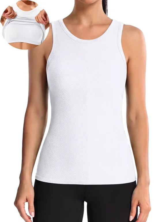 Ribbed Workout Tank Tops for Women Seamless Full Length Athletic Camisole with Built in Bra