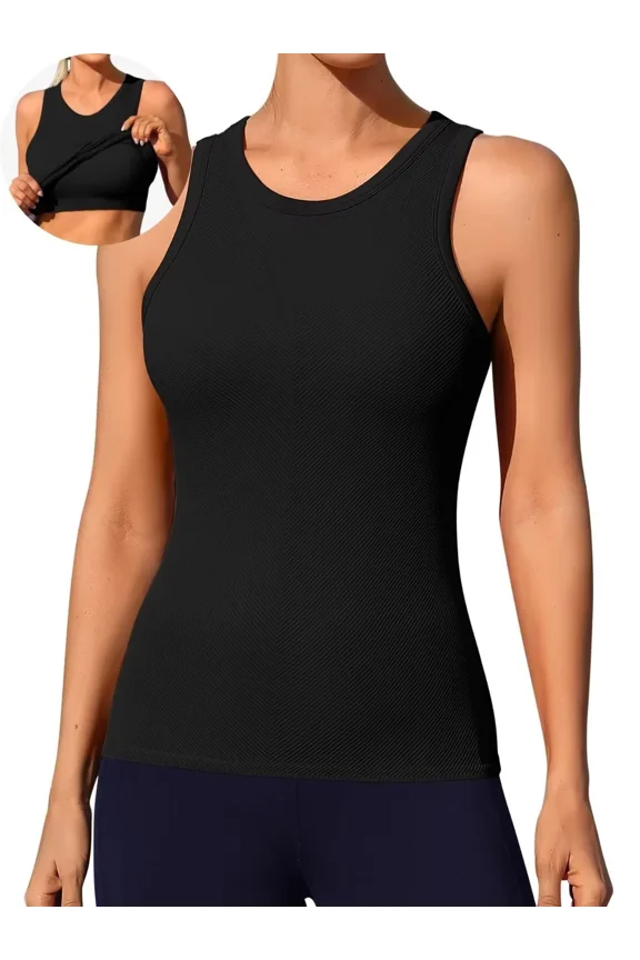 Ribbed Workout Tank Tops for Women Seamless Full Length Athletic Camisole with Built in Bra