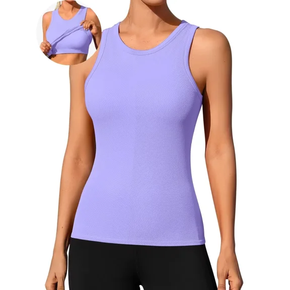 ANFERRY Ribbed Workout Tank Tops for Women Seamless Full Length Athletic Camisole with Built in Bra