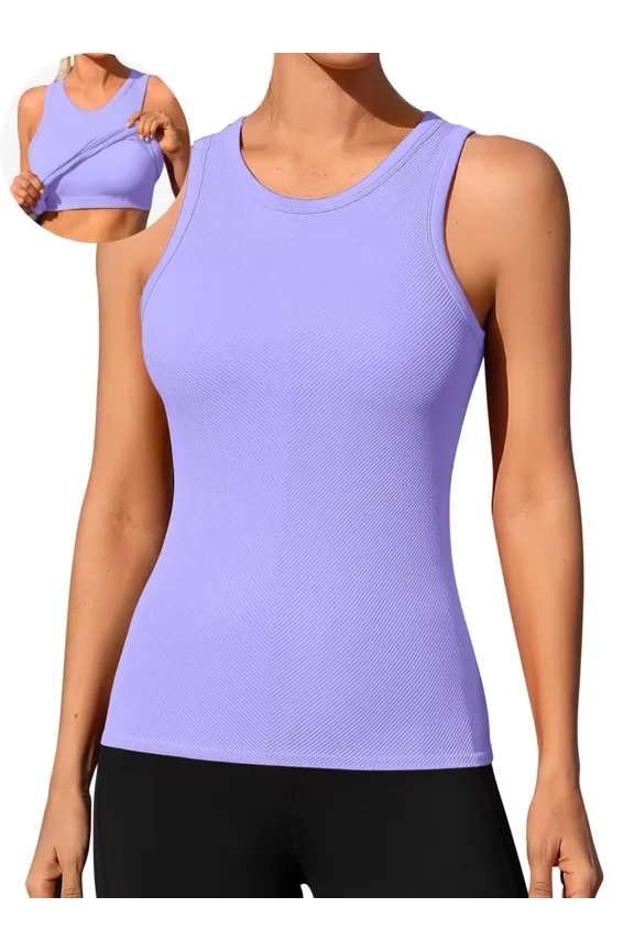 Ribbed Workout Tank Tops for Women Seamless Full Length Athletic Camisole with Built in Bra