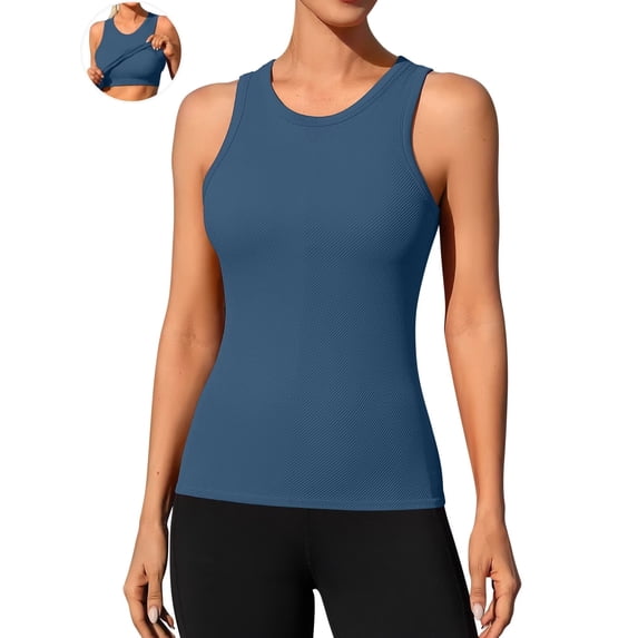 ANFERRY Ribbed Workout Tank Tops for Women Seamless Full Length Athletic Camisole with Built in Bra