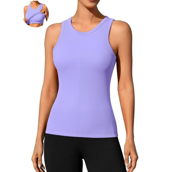 ANFERRY Ribbed Workout Tank Tops for Women Seamless Full Length Athletic Camisole with Built in Bra