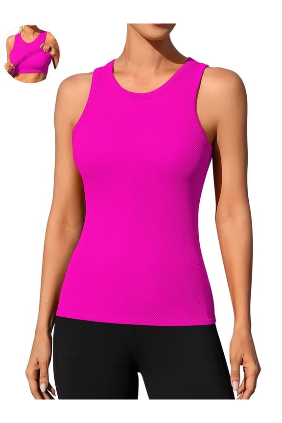 Ribbed Workout Tank Tops for Women Seamless Full Length Athletic Camisole with Built in Bra