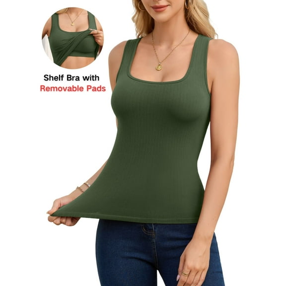 ANFERRY Seamless Ribbed Tank Tops for Women Square Neck Camisoles Built in Bra Slim Fit Cami Tops