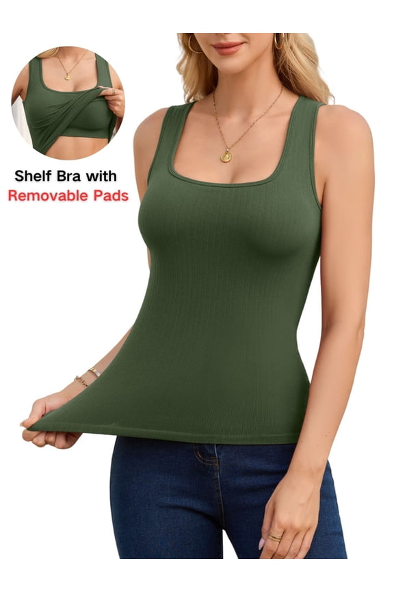 Seamless Ribbed Tank Tops for Women Square Neck Camisoles Built in Bra Slim Fit Cami Tops