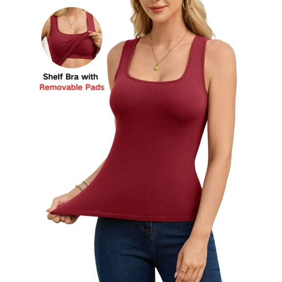 ANFERRY Seamless Ribbed Tank Tops for Women Square Neck Camisoles Built in Bra Slim Fit Cami Tops