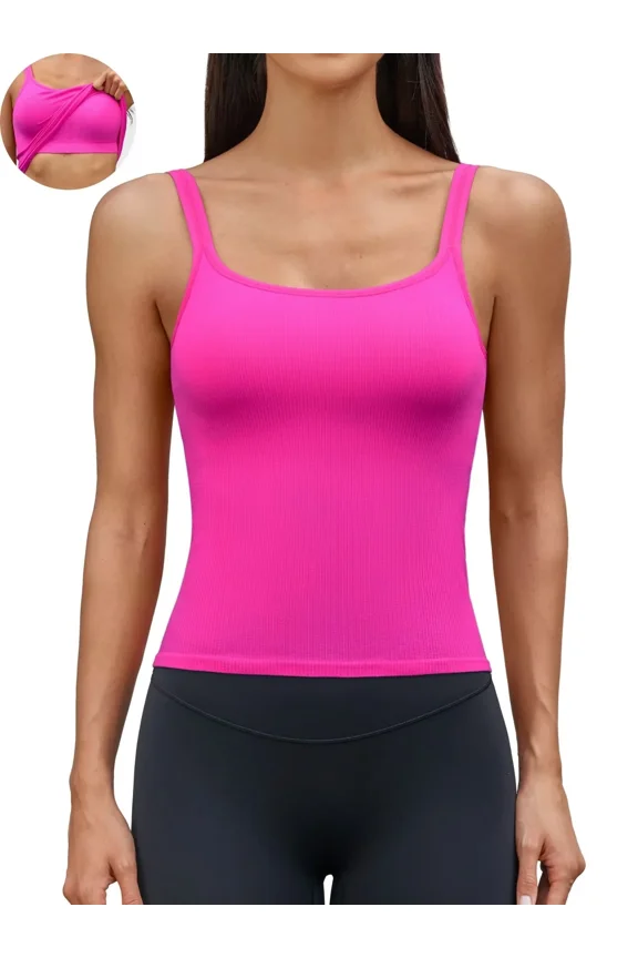Women Fitted Workout Tank Tops with Built in Bra Ribbed Seamless U Back Basic Gym Camisoles