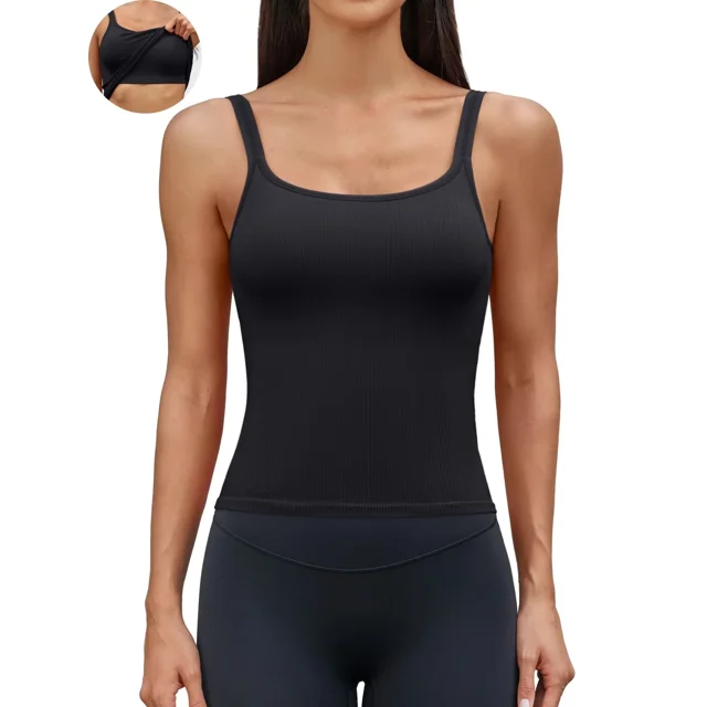 ANFERRY Women Fitted Workout Tank Tops with Built in Bra Ribbed Seamless U Back Basic Gym Camisoles