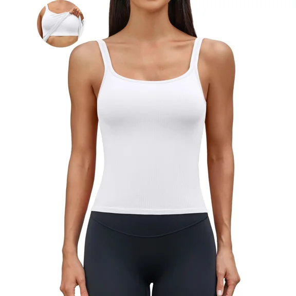 ANFERRY Women Fitted Workout Tank Tops with Built in Bra Ribbed Seamless U Back Basic Gym Camisoles