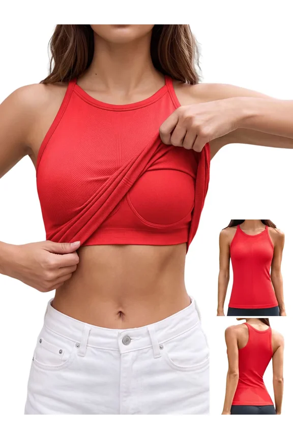 Women's Fitting Seamless Tank Tops Ribbed Crew Neck Racerback Workout Camisoles with Sewn in Bra