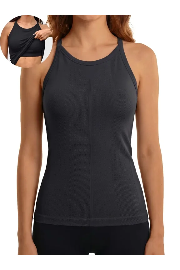 Women's Fitting Seamless Tank Tops Ribbed Crew Neck Racerback Workout Camisoles with Sewn in Bra